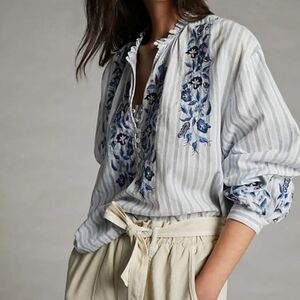Anthropologie Blue and White Embroidered Blouse